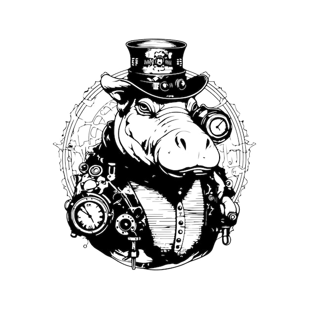 Steampunk ippopotamo logo vintage linea arte concetto colore bianco e nero illustrazione disegnata a mano