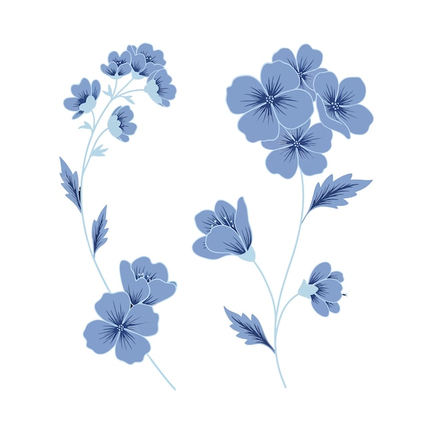 Steli delicati di fiori selvatici blu con foglie dettagliate in un'illustrazione vettoriale botanica in stile piatto minimo