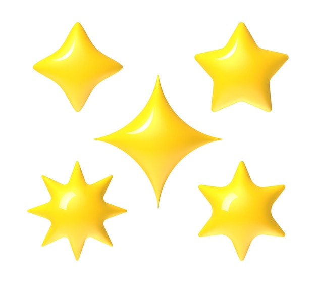 Stella 3D Stelle gialle per la revisione e la valutazione delle emoji UI 3D cartone animato carino simbolo realistico del sole Tre quattro e cinque sei e otto forme di raggio insieme vettoriale Collezione isolata di elementi di design del gioco