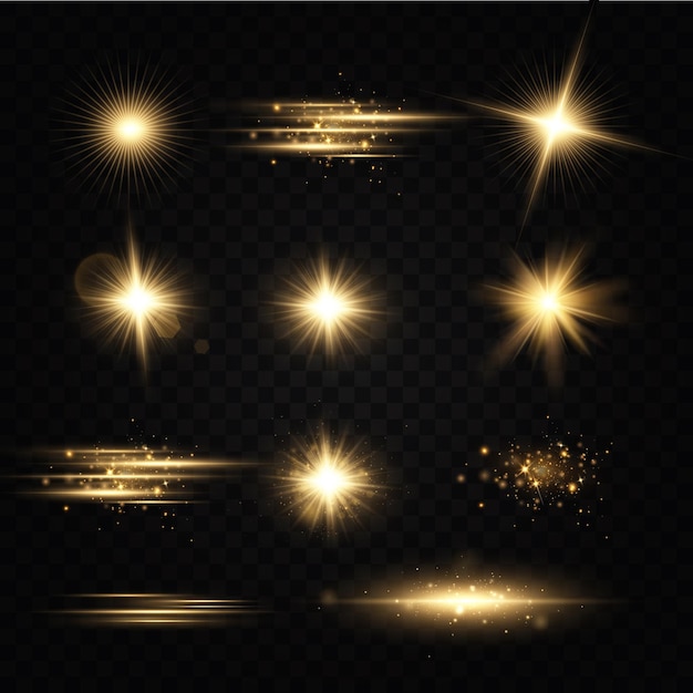 Stelle dorate brillanti Effetti di luce abbagliamento glitter esplosione luce dorata Illustrazione vettoriale