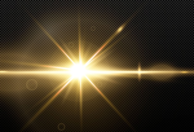 Stelle dorate brillanti isolate su fondo nero. Effetti, riflesso lente, lucentezza, esplosione, luce dorata, set. Stelle splendenti, splendidi raggi dorati. .