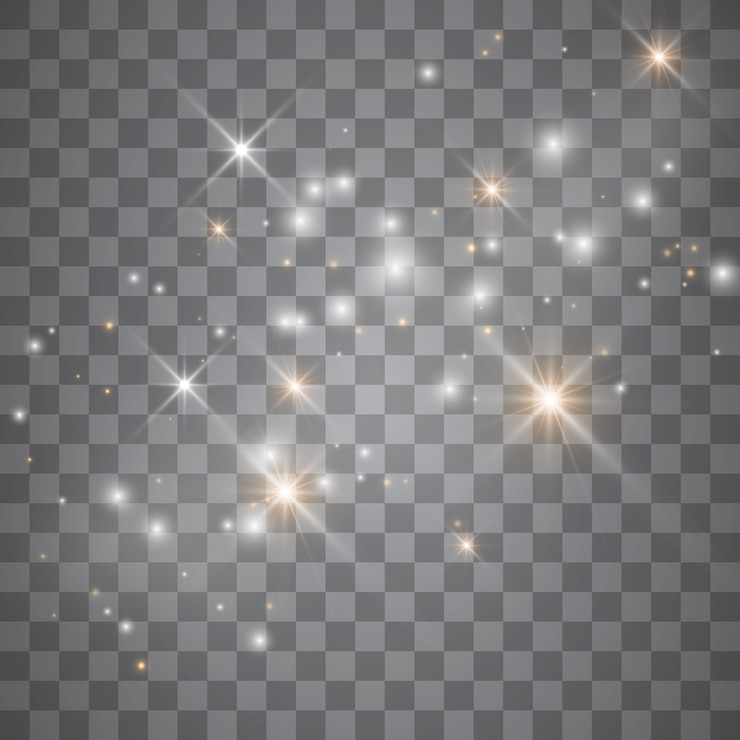 Vettore stelle effetto bagliore di luce. brilla su sfondo trasparente. modello astratto di natale. particelle di polvere magica scintillante.