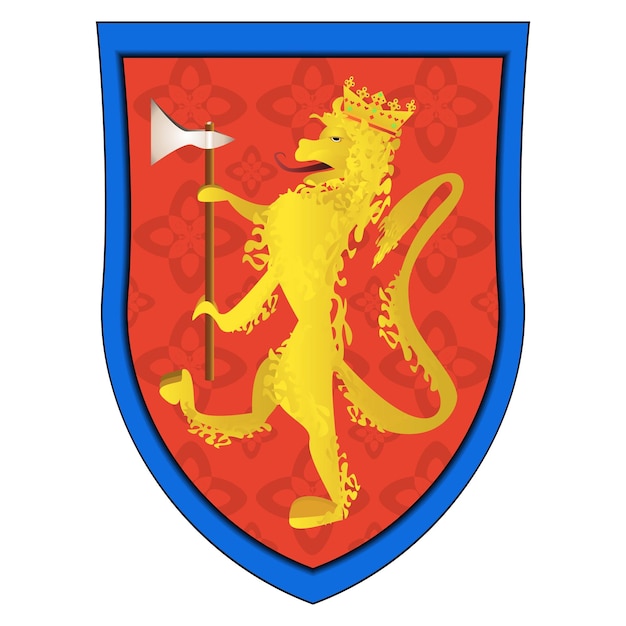 Stemma Leone incoronato con ascia e corona Emblema reale classico Scudo distintivo Vettore colorato
