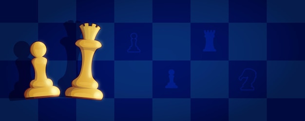 Stendardo a scacchi con pezzi pedone e regina bianchi sfondo scacchi campo di gioco icone di figure banner web rettangolare scacchi online pezzi di scacchi colorati in stile cartone animato illustrazione vettoriale