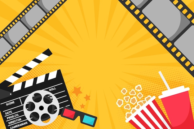 Stendardo di film cinematografico con elementi in stile pop art secchio di popcorn bevanda fredda soda con rotolo di pellicola e occhiali 3D modello di anteprima di film