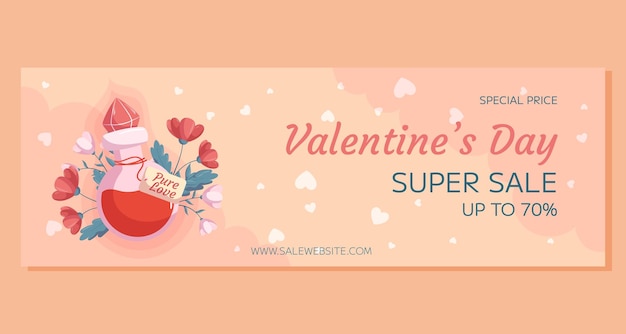 Stendardo promozionale di San Valentino con una bottiglia di pozione, fiori e cuori