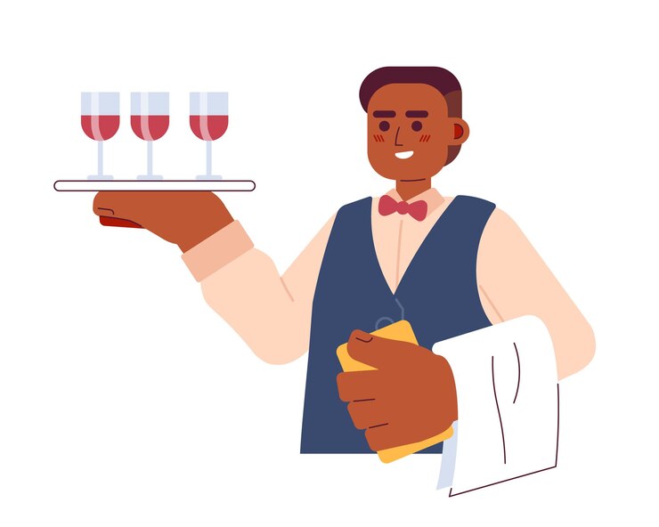 Vettore steward di vino afroamericano maschio personaggio di cartone animato 2d sommelier uomo nero vettore isolato persona bianco sfondo vassoio di bicchieri di vino che tiene barista occupazione colore illustrazione di punto piatto