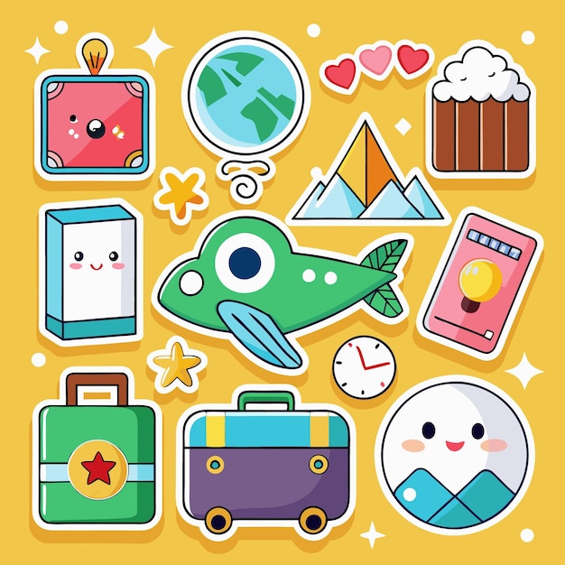 Sticker caricaturistici carini di articoli da viaggio