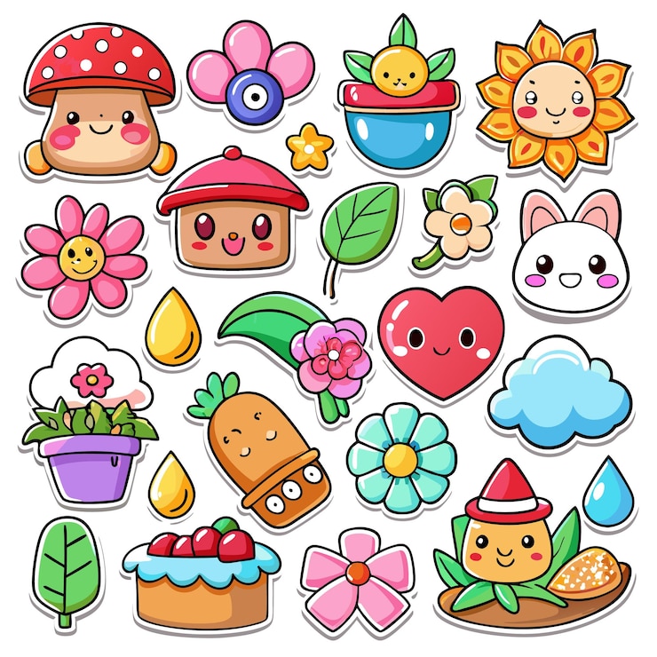 Vettore sticker caricaturistici carini di vari oggetti tra cui funghi fiori carote cuori e nuvole