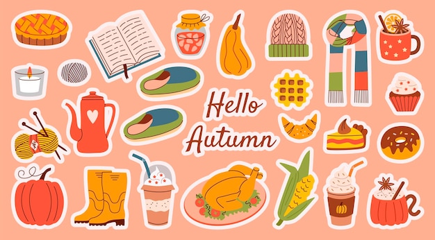 Stickers d'autunno in stile piatto con elementi accoglienti come maglieria, bevande calde, pantofole, torte e altro. Ideale per disegni stagionali, riviste bullet, album e progetti creativi.