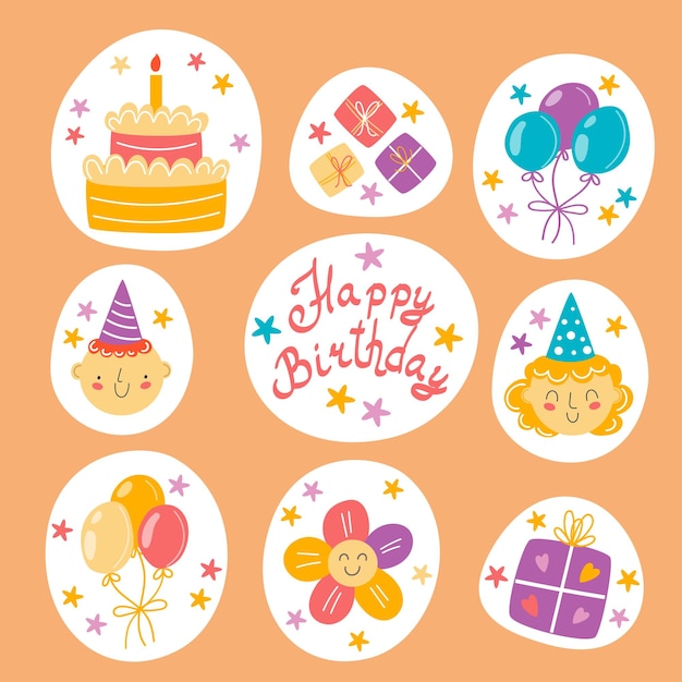 Stickers di compleanno set di illustrazione vettoriale con torta e palloncini Vettore di auguri di compleanno