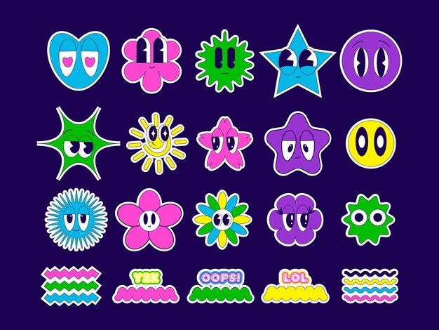Stickers divertenti con volti sorridenti in groovy estetica Retro Y2K Stickers Pack Patches Vector