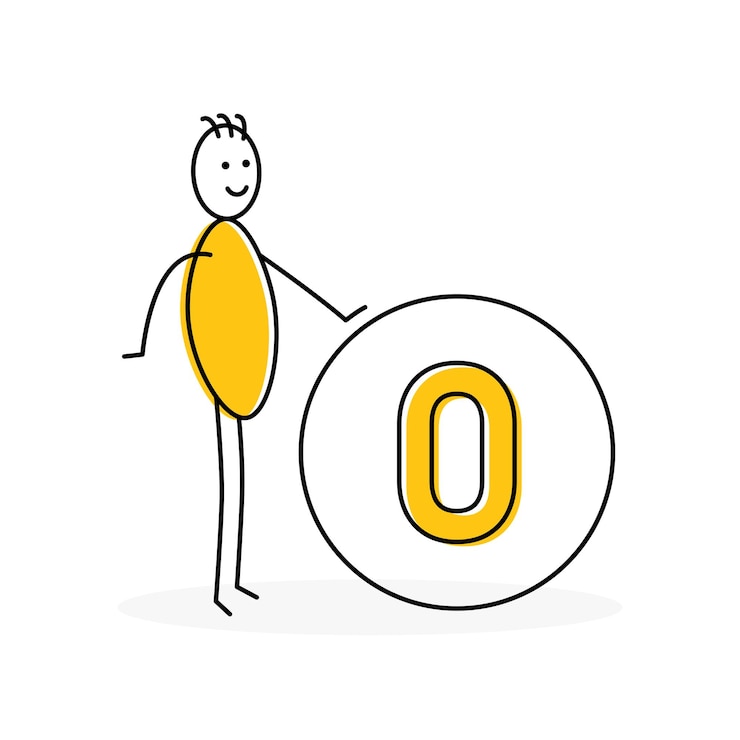 Vettore stickman che mostra il numero 0 o zero isolato su sfondo bianco.