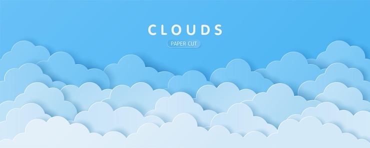 Stile artistico di carta artigianale di nuvole su sfondo blu cielo con spazio di copia per il testo