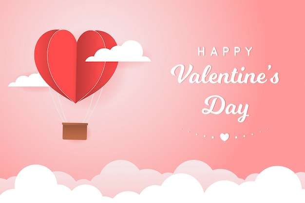 Stile carta amore del giorno di San Valentino, palloncino sorvolando nuvola con cuore galleggiante sul cielo, coppia luna di miele