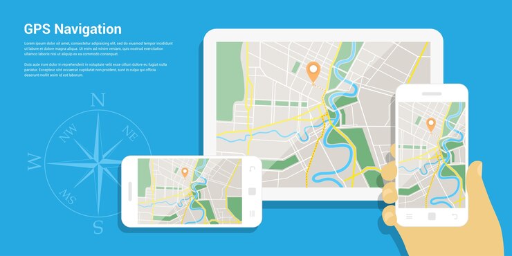 stile del modello di banner web per sito web o infografiche, sistema GPS di navigazione mobile, posizione di destinazione, individuazione e trova la strada giusta.
