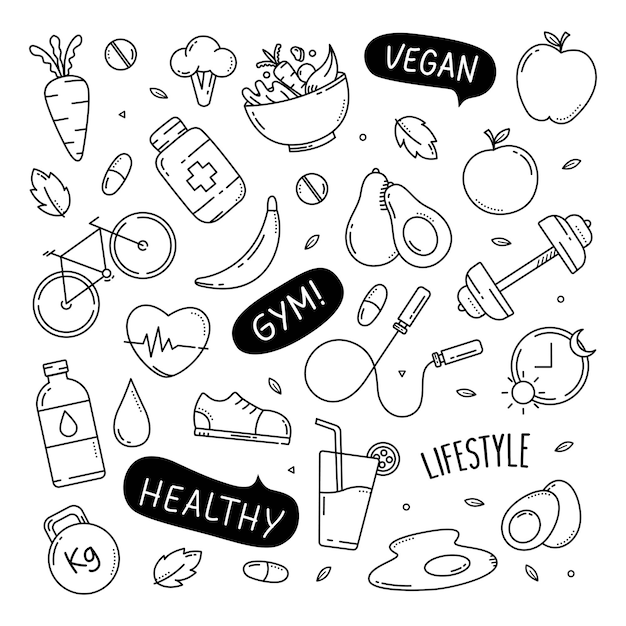 Stile di vita sano carino doodle disegnati a mano elementi illustrazione