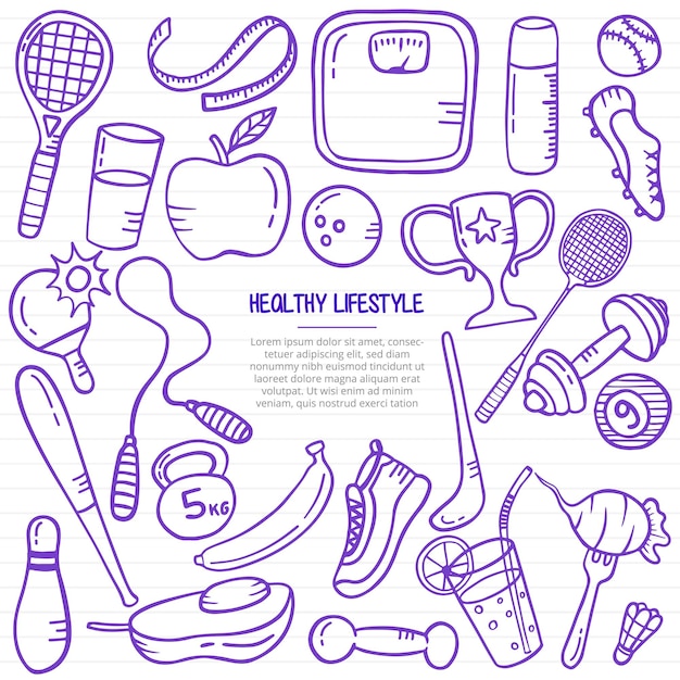 Stile di vita sano doodle disegnato a mano con stile contorno su libri di carta linea illustrazione vettoriale