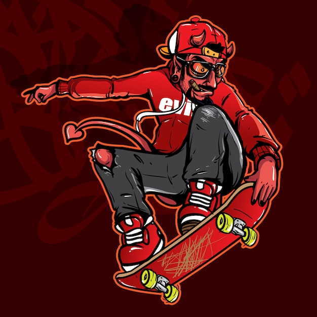 stile disegnato a mano di demone su skateboard