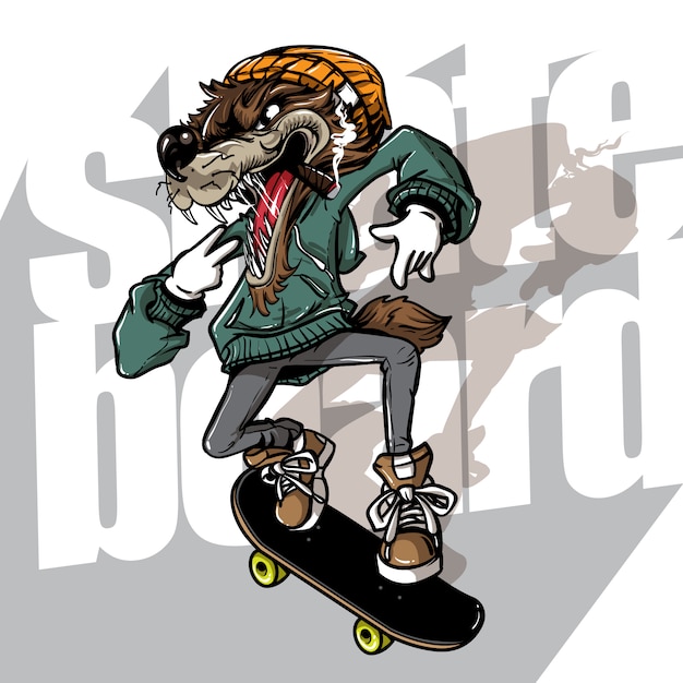 stile disegnato a mano di lupo pazzo a cavallo skateboard