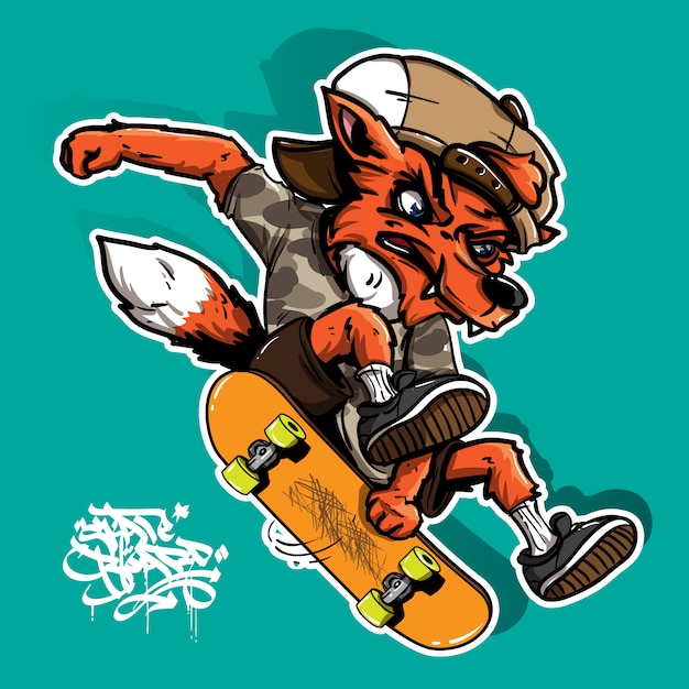 stile disegnato a mano di volpe pazza a cavallo skateboard
