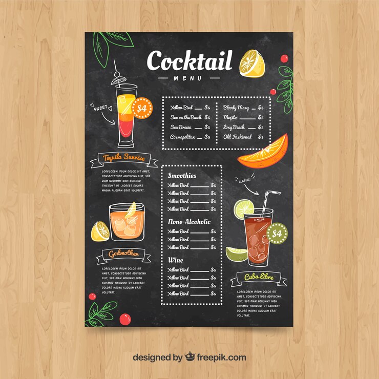 Vettore stile disegnato del modello del menu del cocktail a disposizione