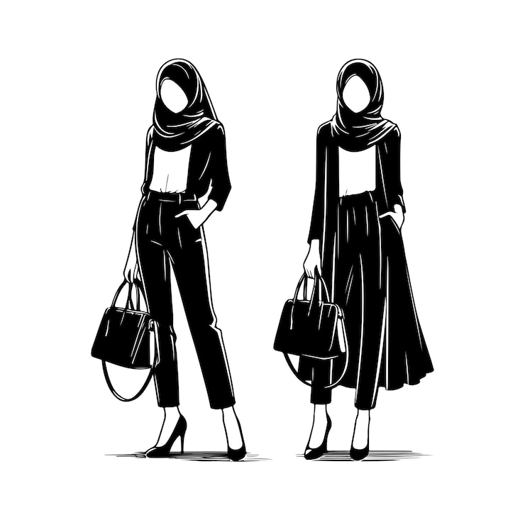 Vettore stile hijab stile in piedi stile vettoriale illustrazione design silhouette