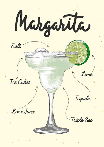 Stile inciso vettoriale Margarita illustrazione di cocktail alcolico per la decorazione di manifesti