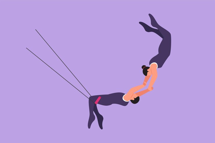 Vettore stile piano del fumetto che disegna due giocatori acrobatici in azione sul trapezio con il giocatore maschio che pende dalle sue due gambe mentre cattura la giocatrice circus entertainment graphic design vector illustration