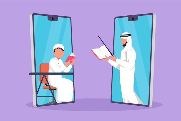 Stile piano del fumetto che disegna due smartphone in piedi uno di fronte all'altro un lato contiene uno studente maschio che studia e l'altro contiene un insegnante maschio arabo che insegna l'illustrazione vettoriale di progettazione grafica