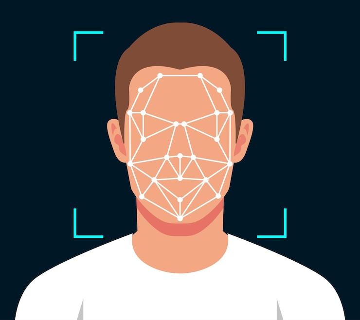 Vettore stile piatto scansione biometrica dell'uomo riconoscimento facciale verifica personale rilevamento identità