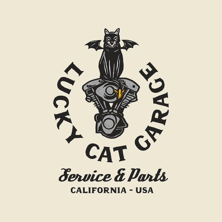 Vettore stile vintage disegnato a mano del gatto della mascotte del distintivo del logo della motocicletta e del garage