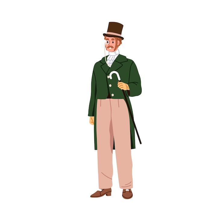 Vettore stile vittoriano gentiluomo moda vintage del xix secolo aristocratico elegante in abito con cappello di sopra canna monocolo abbigliamento storico illustrazione vettoriale piatta isolata su sfondo bianco