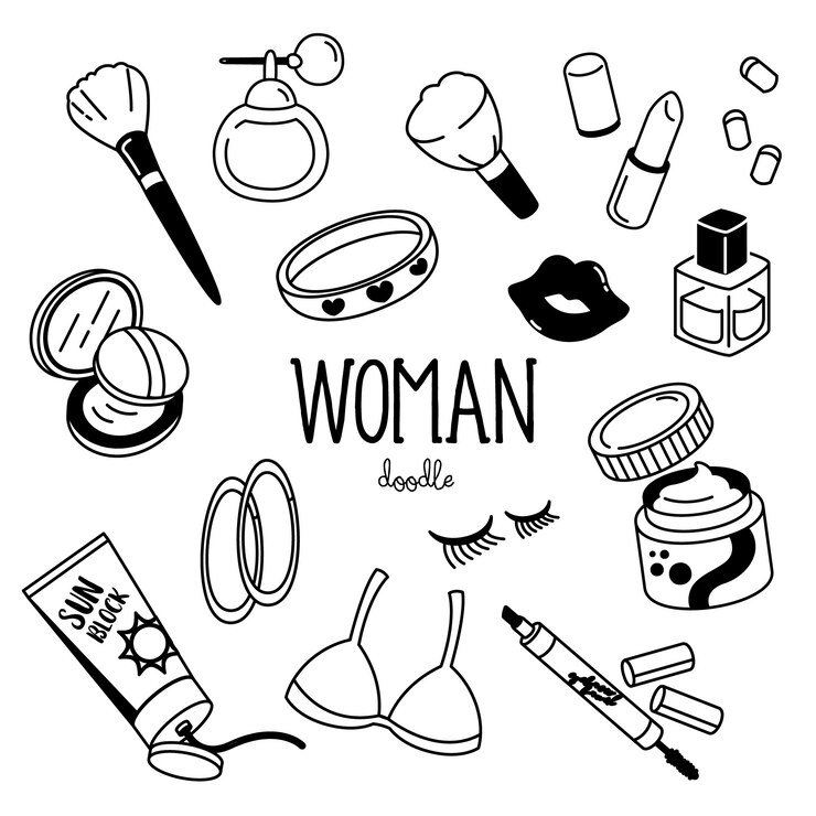 Stili di disegno a mano con articoli da donna. Oggetto donna Doodle.