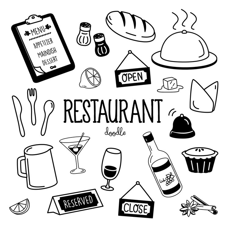 Stili di disegno a mano per articoli da ristorante. Ristorante Doodle.