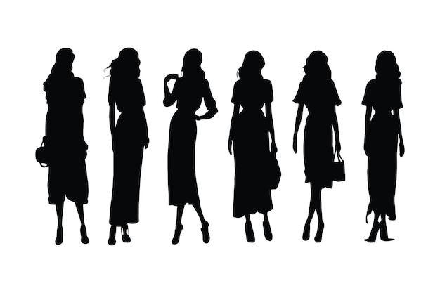 Stilisti femminili in piedi in diverse pose silhouette set vettore Modello femminile anonimo senza facce in piedi in diverse posizioni Attore moderno e modello silhouette bundle design