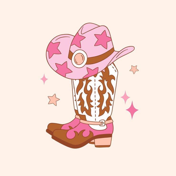 Vettore stivali da cowboy rosa e cappello con una stella disegnata a mano western clipart