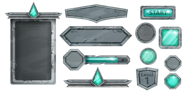 Stone UI gioco vettore kit medievale rock cartello menu cornice gemma smeraldo pulsante level up