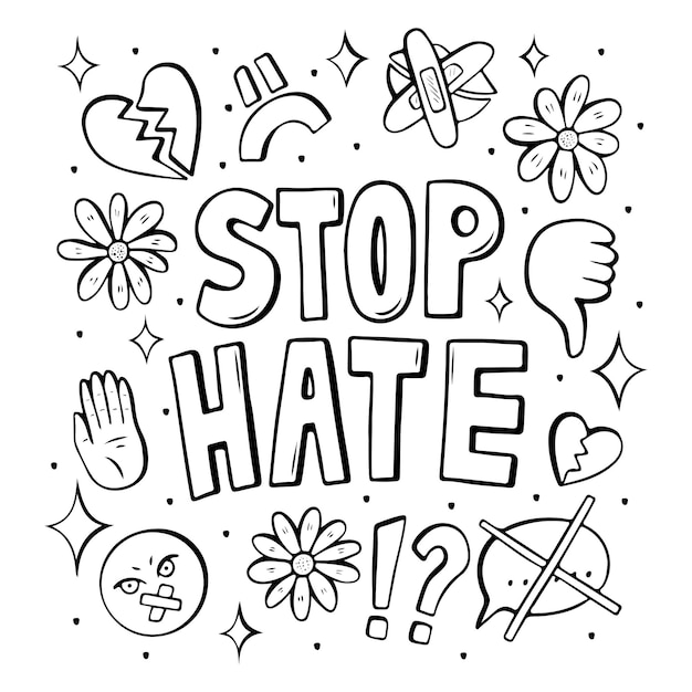 Stop Hate line art poster con emoji smetti di odiare l'illustrazione vettoriale disegnata a mano in stile fumetto retrò