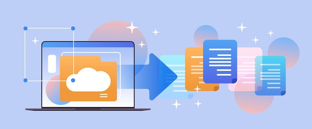 Storaggio online sullo schermo del portatile trasferimento di file connessione documenti informazioni migrazione accesso remoto
