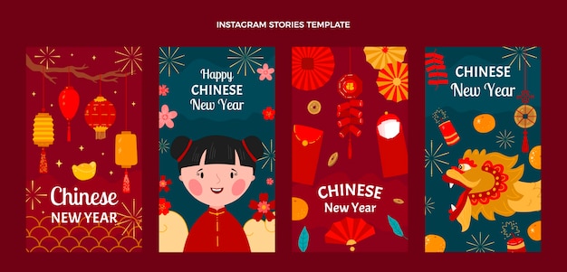 Storie di instagram di capodanno cinese di design piatto disegnato a mano
