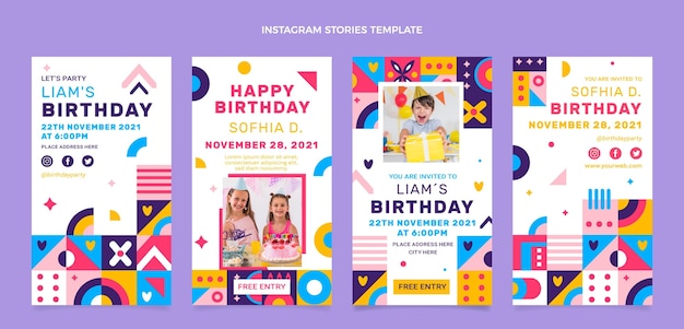 Storie di instagram di compleanno a mosaico in stile piatto