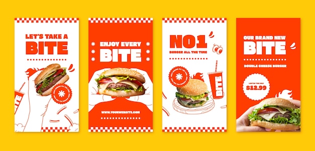 Storie di Instagram di ristoranti di cibo gustoso disegnati a mano