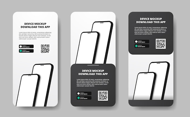 Storie di social media banner pubblicitari per il download di app per telefono cellulare, doppio smartphone. Scarica i pulsanti con il modello di codice QR di scansione. telefono con prospettiva 3D