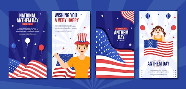 Storie di social media del giorno dell'inno nazionale con l'illustrazione della bandiera degli Stati Uniti d'America