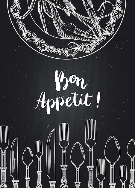 stoviglie disegnate a mano e aragosta sul piatto con lettering