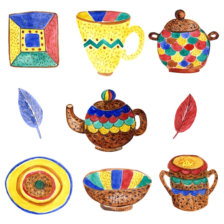 Vettore stoviglie tradizionali in ceramica acquerello per pranzo e cena