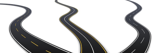 Strada autostradale curva set percorso stradale realistico 3d da asfalto nero. Modello isolato raccolta moderna di tracce di avvolgimento. Illustrazione vettoriale