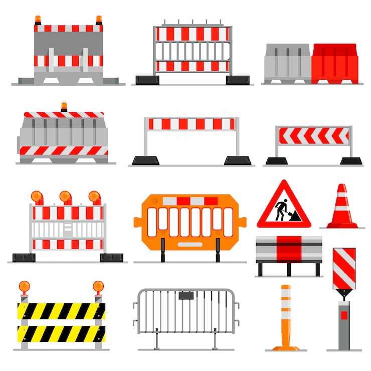 Strada barriera strada traffico-barriera in costruzione blocchi di avvertimento blocco stradale sull'illustrazione autostrada set di deviazione barricata e barriera stradale bloccata isolato su sfondo bianco