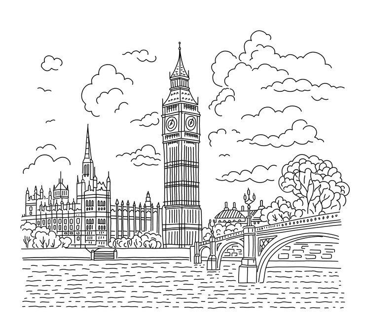 Strada di Londra e Big Ben Illustrazione vettoriale disegnata a mano in stile lineare
